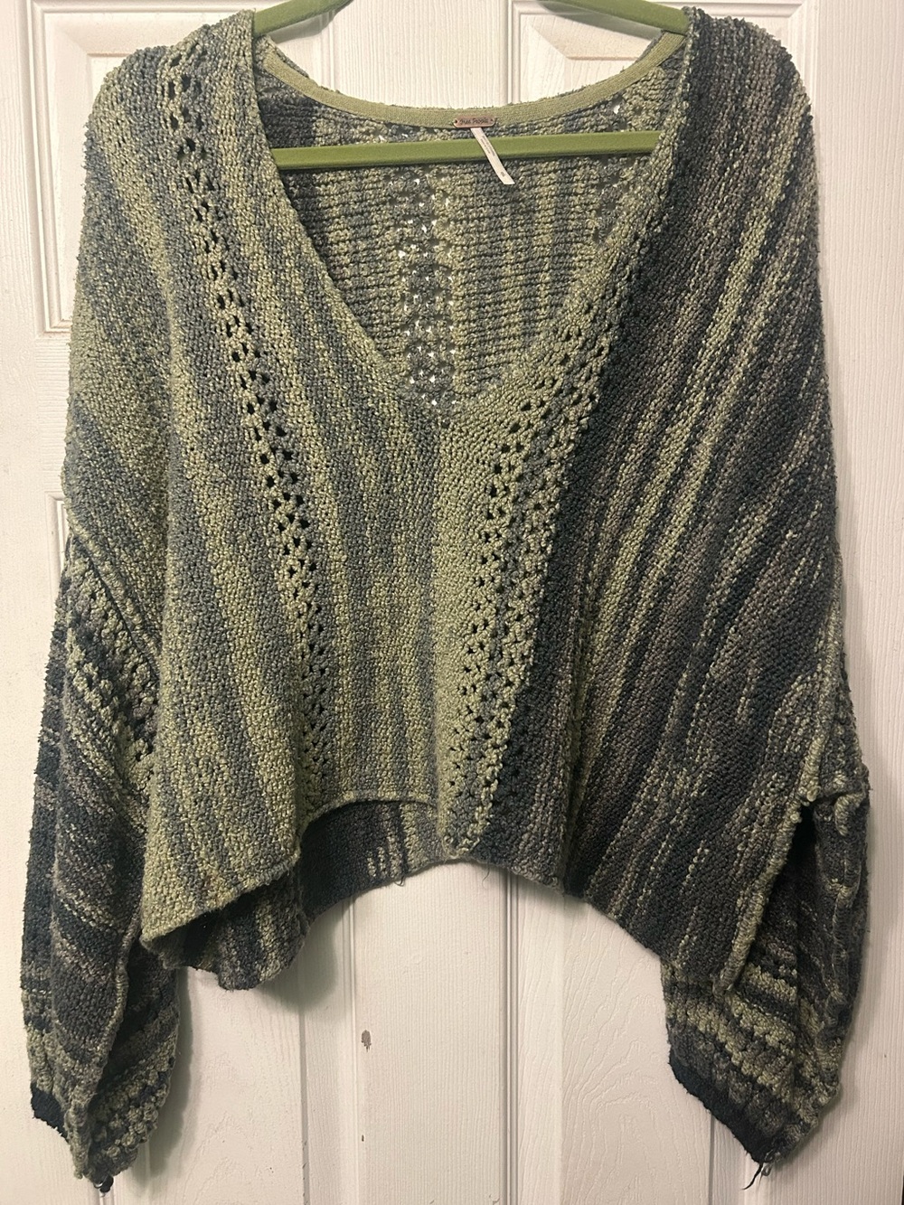 Free People Striped V-Neck Knit Sweater in Olive and Charcoal